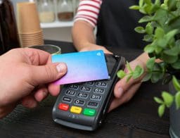 Fizetés érintésmentes bankkártyával POS terminálnál egy boltban.