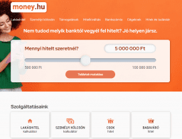 Képernyőkép a money.hu hitelek oldaláról hitelösszeg választóval és szolgáltatás ikonokkal.