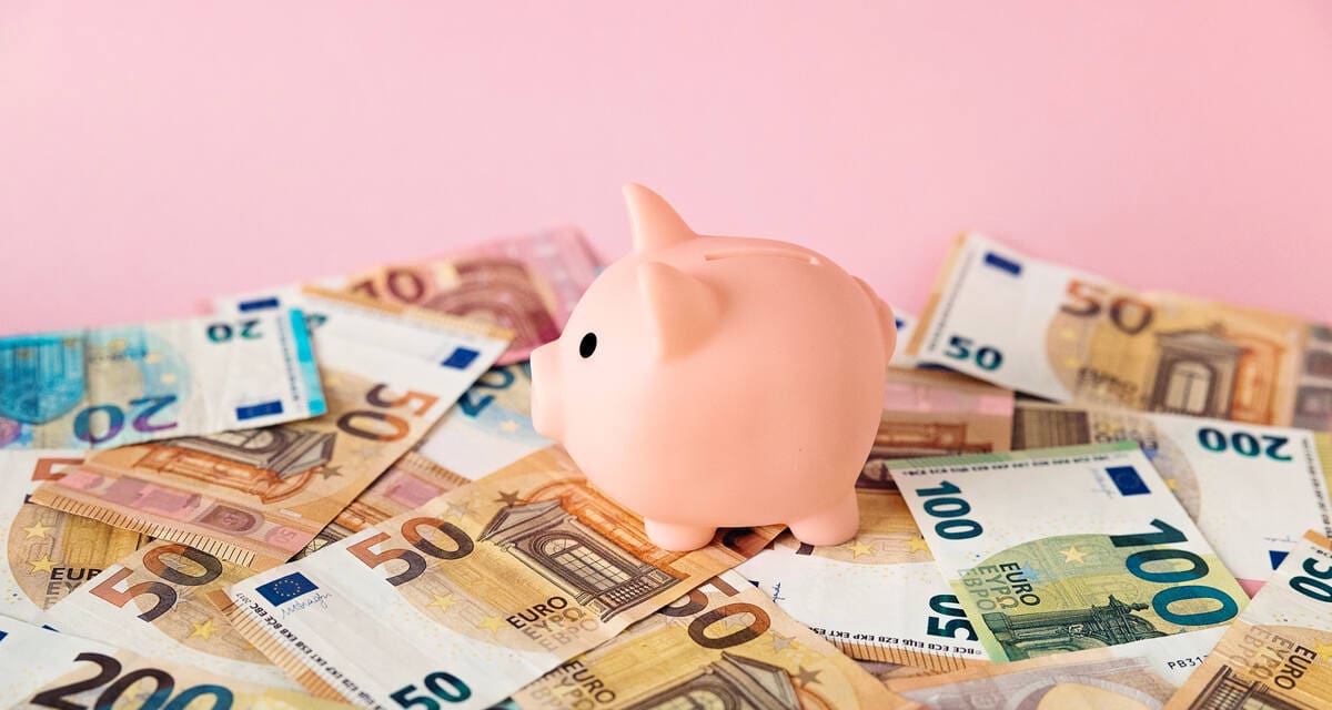 pink háttér, malacpersely, eurós bankjegyek, megtakarítás