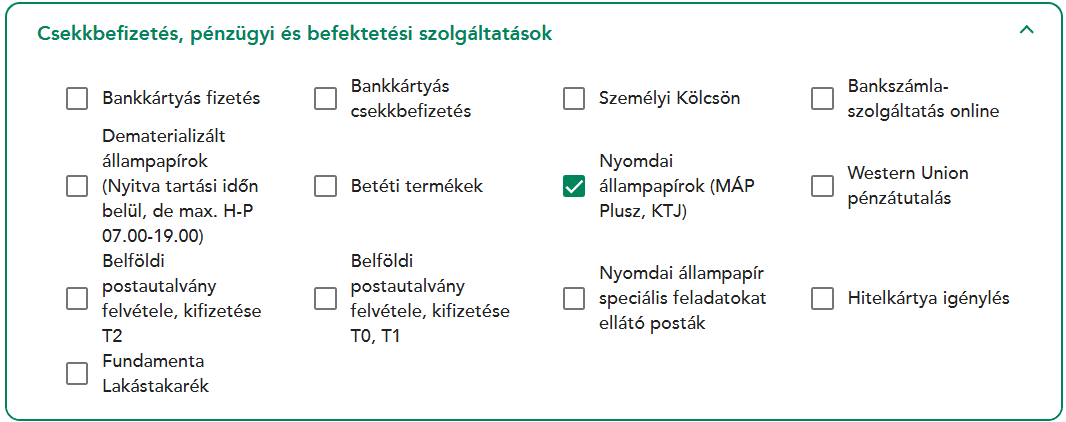 A Magyar Posta állampapír-forgalmazásban részt vevő postahelyei kereső, szűrés, lista