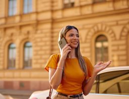 Egy fiatal nő telefonál háttérben egy pályaudvar épülettel