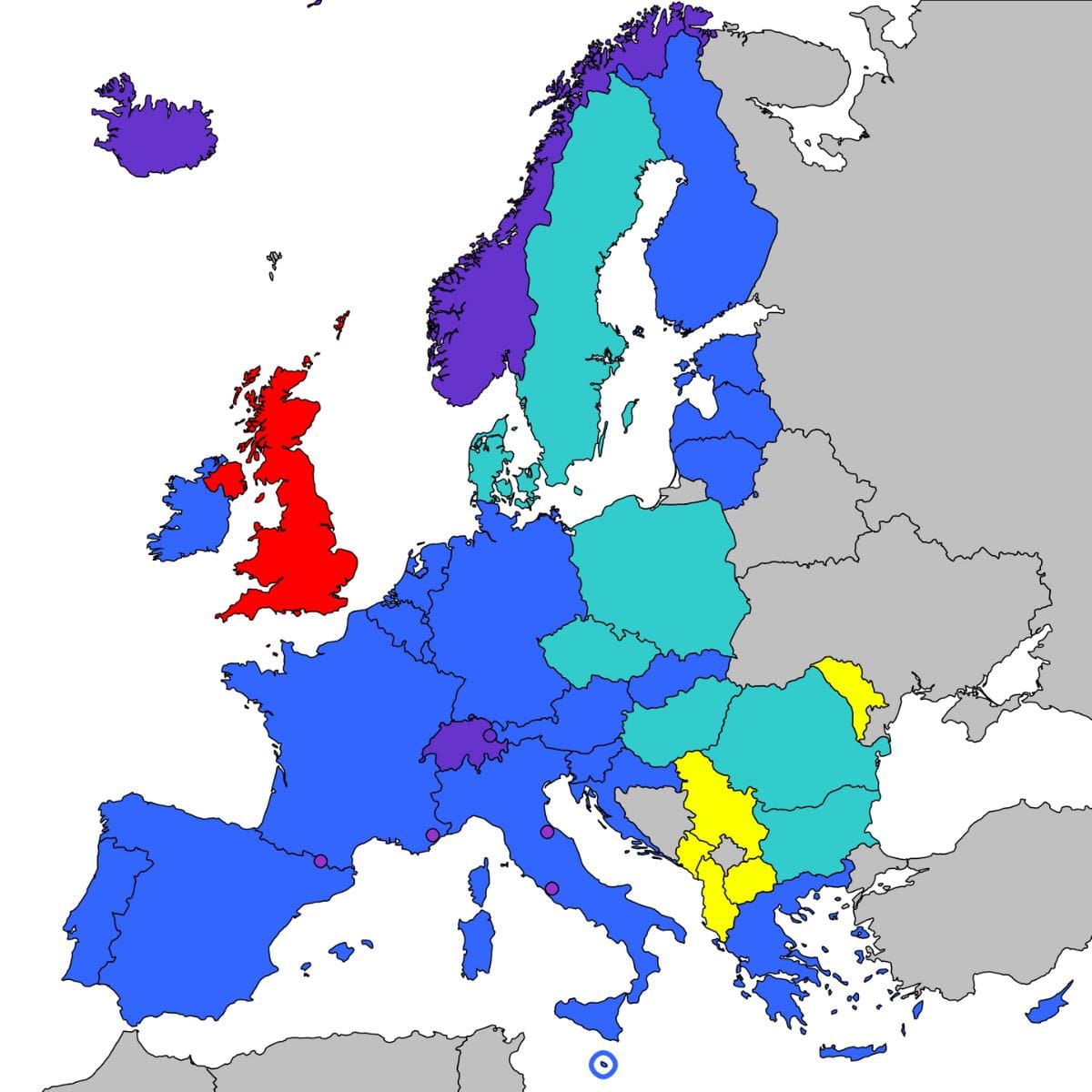 A nem szürkével jelölt országok az eurós utalásokat SEPA-n keresztül küldik. (2025. május, térkép) Wikimedia Commons