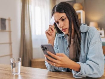 nő a mobilbankján nézi, hogy új és drágább számlacsomagba került