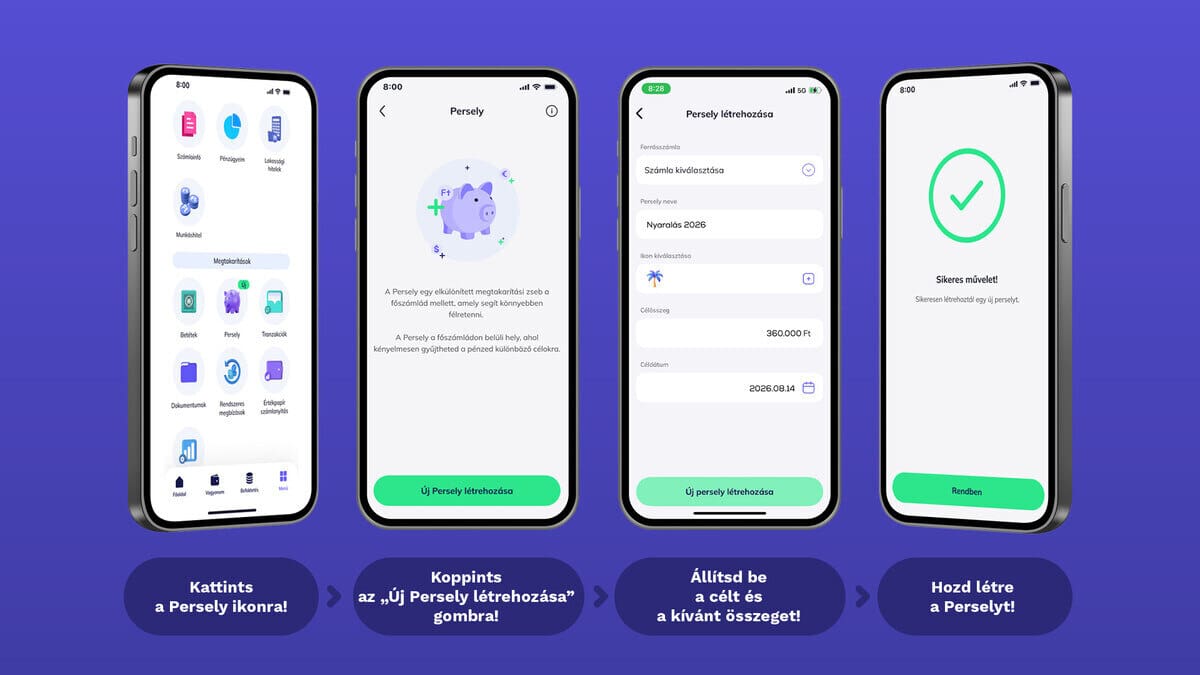 Gránit eBank mobilapp képernyő: Persely megtakarítási számla nyitása a menüből