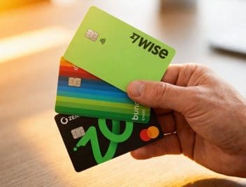 Revolut alternatívák: férfi kezében Wise, Zen.com, Bunq bankkártyák