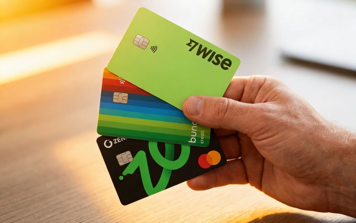 Revolut alternatívák: férfi kezében Wise, Zen.com, Bunq bankkártyák