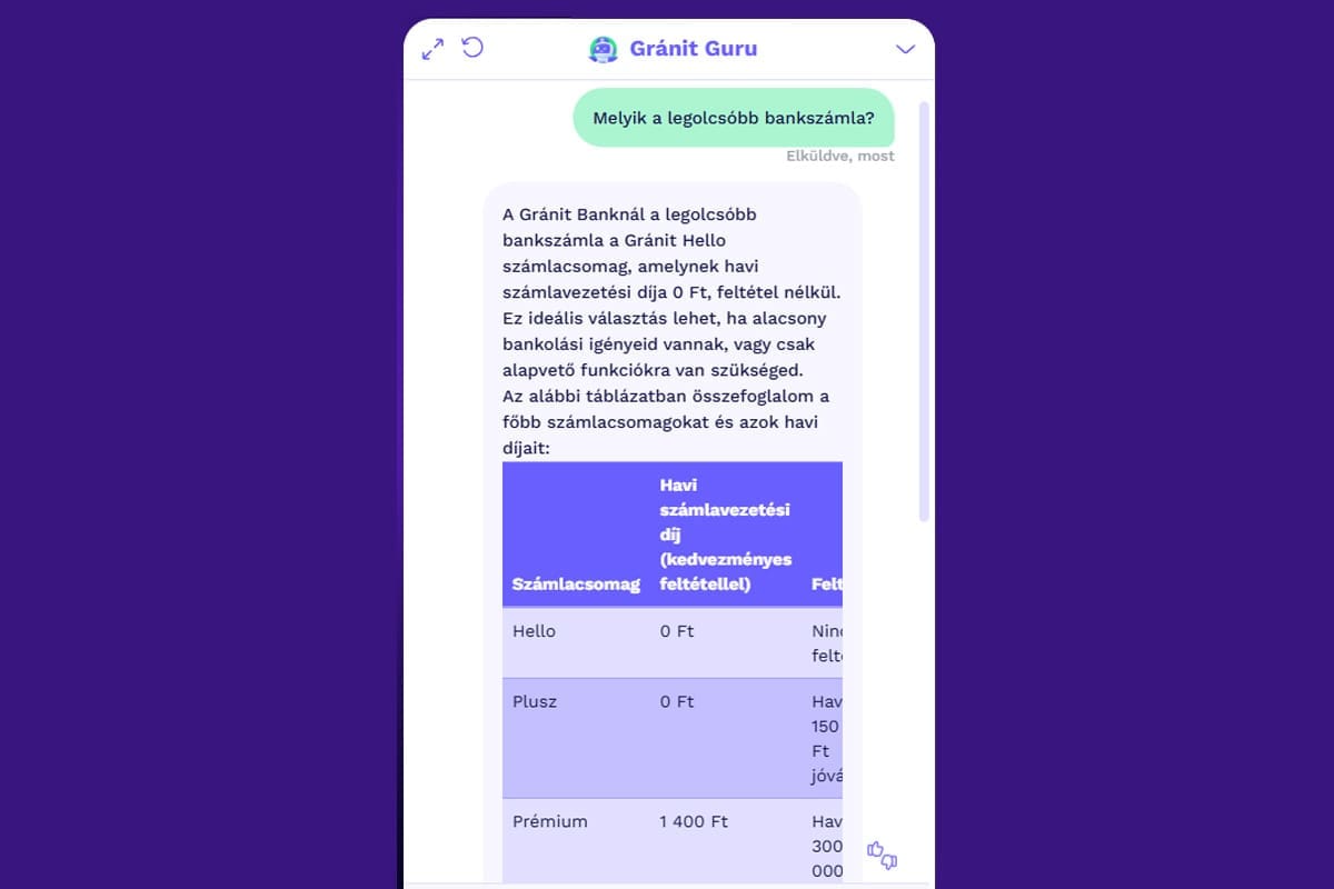 Gránit Guru AI chatbot választ ad