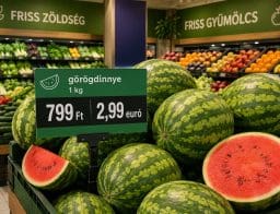 kettős árkiírás a boltban (forintban és euróban is) az euró bevezetése miatt, görögdinnye