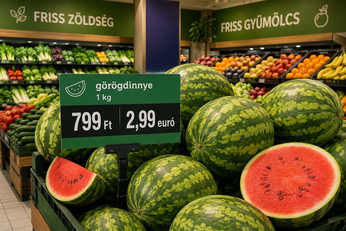kettős árkiírás a boltban (forintban és euróban is) az euró bevezetése miatt, görögdinnye