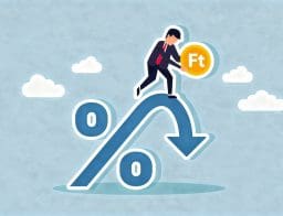 Grafikus rajz egy % alakú nyílról, ami a felfelé mutató tendencia után lefelé hajlik, csúcsán egy öltönyös férfi, kezében egy forint érmével.