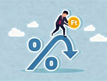 Grafikus rajz egy % alakú nyílról, ami a felfelé mutató tendencia után lefelé hajlik, csúcsán egy öltönyös férfi, kezében egy forint érmével.
