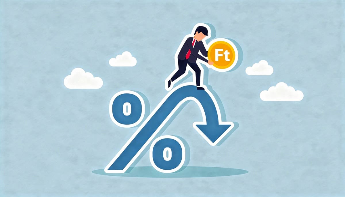Grafikus rajz egy % alakú nyílról, ami a felfelé mutató tendencia után lefelé hajlik, csúcsán egy öltönyös férfi, kezében egy forint érmével.