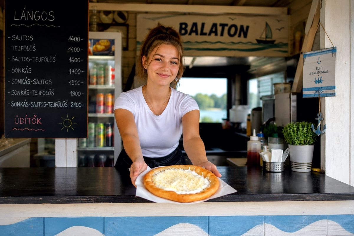 turizmus, vendéglátásban dolgozó diákmunkás a Balatonnál, lángos, büfé