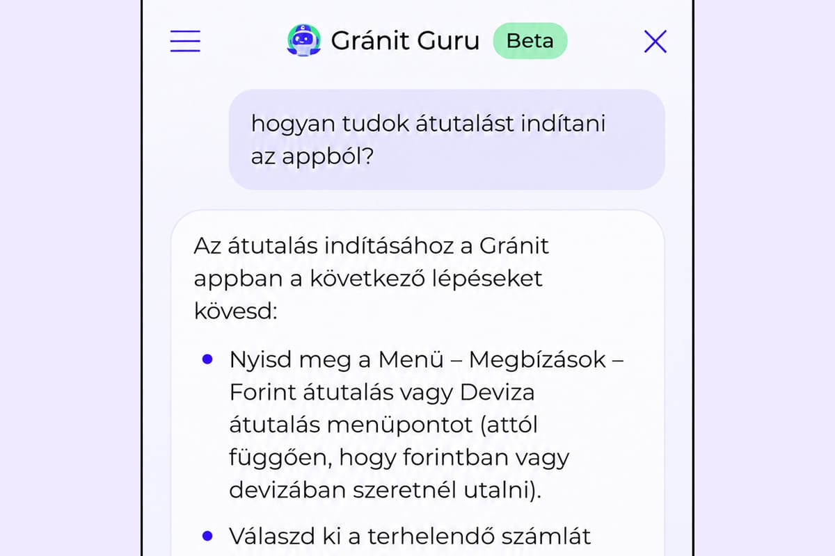Gránit Guru a mobilbanki applikációban, átutalás indítása