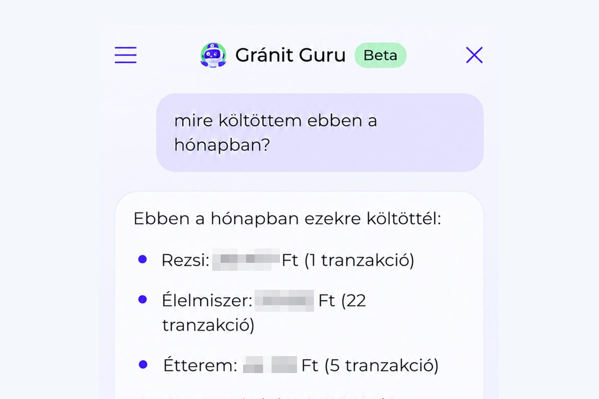 Gránit Guru a mobilbanki applikációban, havi költések