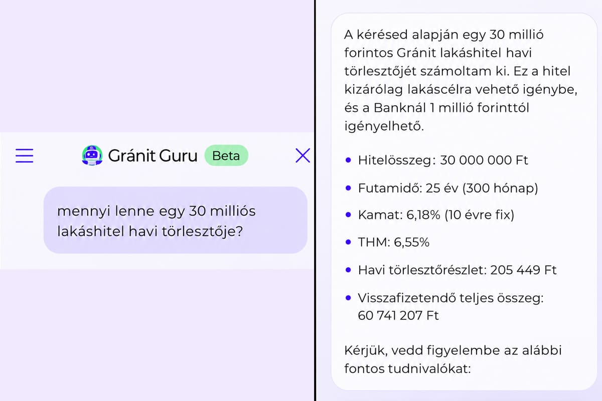 Gránit Guru a mobilbanki applikációban, lakáshitel kalkuláció